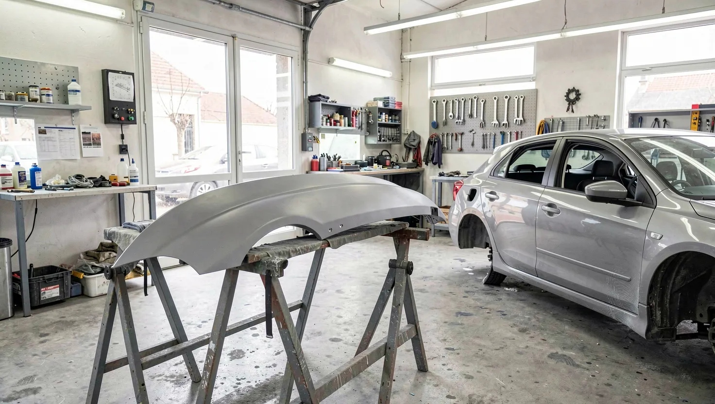 Une aile neuve recouverte d'apprêt gris posée sur deux tréteaux, à côté d'une voiture dont l'aile a été déposée, dans l'atelier.