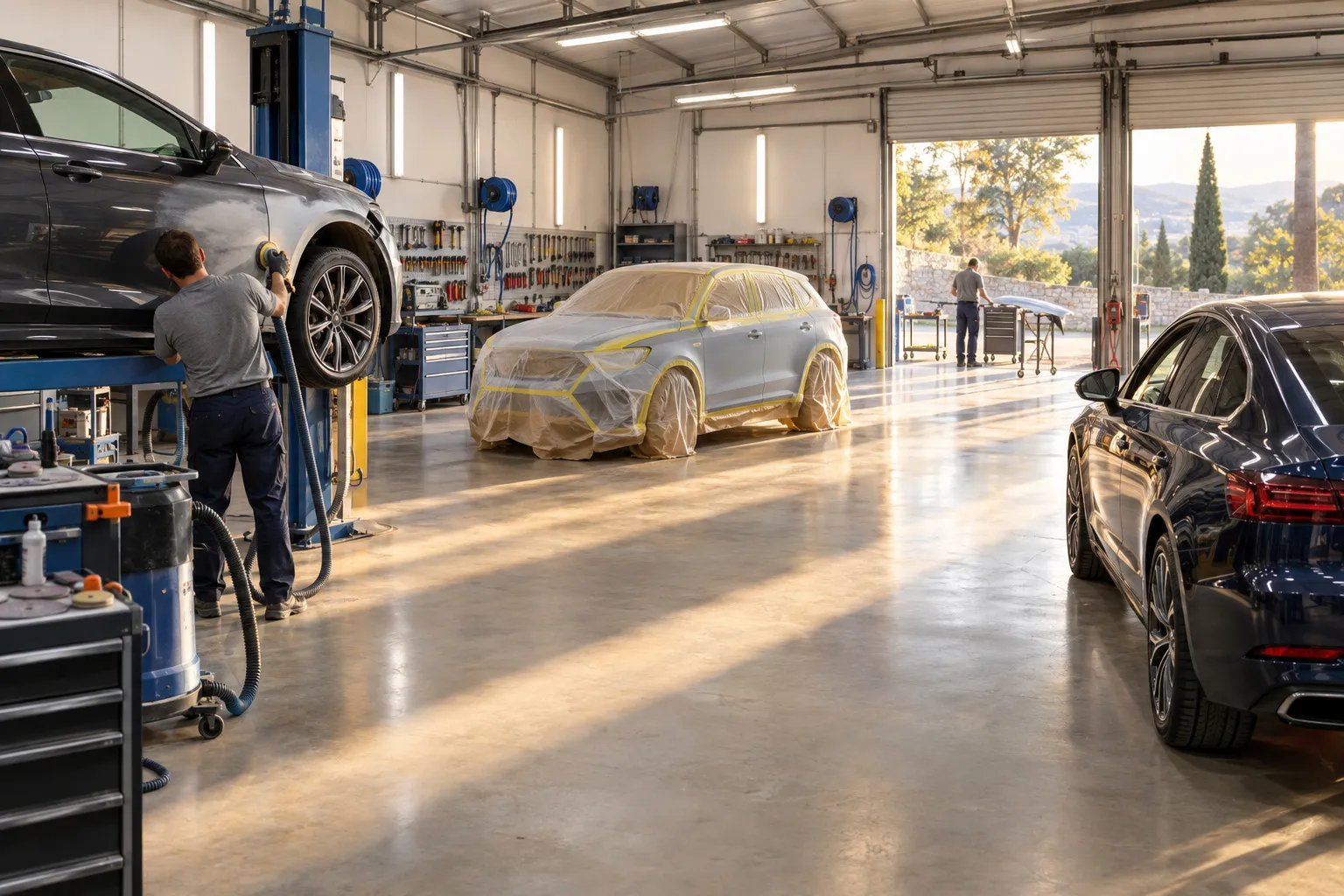 Vue d'ensemble d'un atelier de carrosserie ordonné avec trois voitures à des étapes différentes de la réparation, lumière dorée de fin d'après-midi par les portes ouvertes.