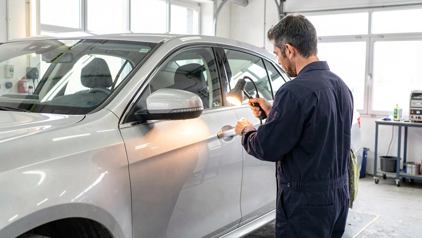 Un carrossier contrôle la peinture d'une portière grise avec une lampe de contrôle, dans l'atelier, avant la remise du véhicule.